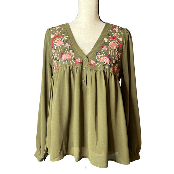 Andree by Unit Baby Doll Blouse with Embroidered Bodice Empire Style Size Small - Picture 1 of 5